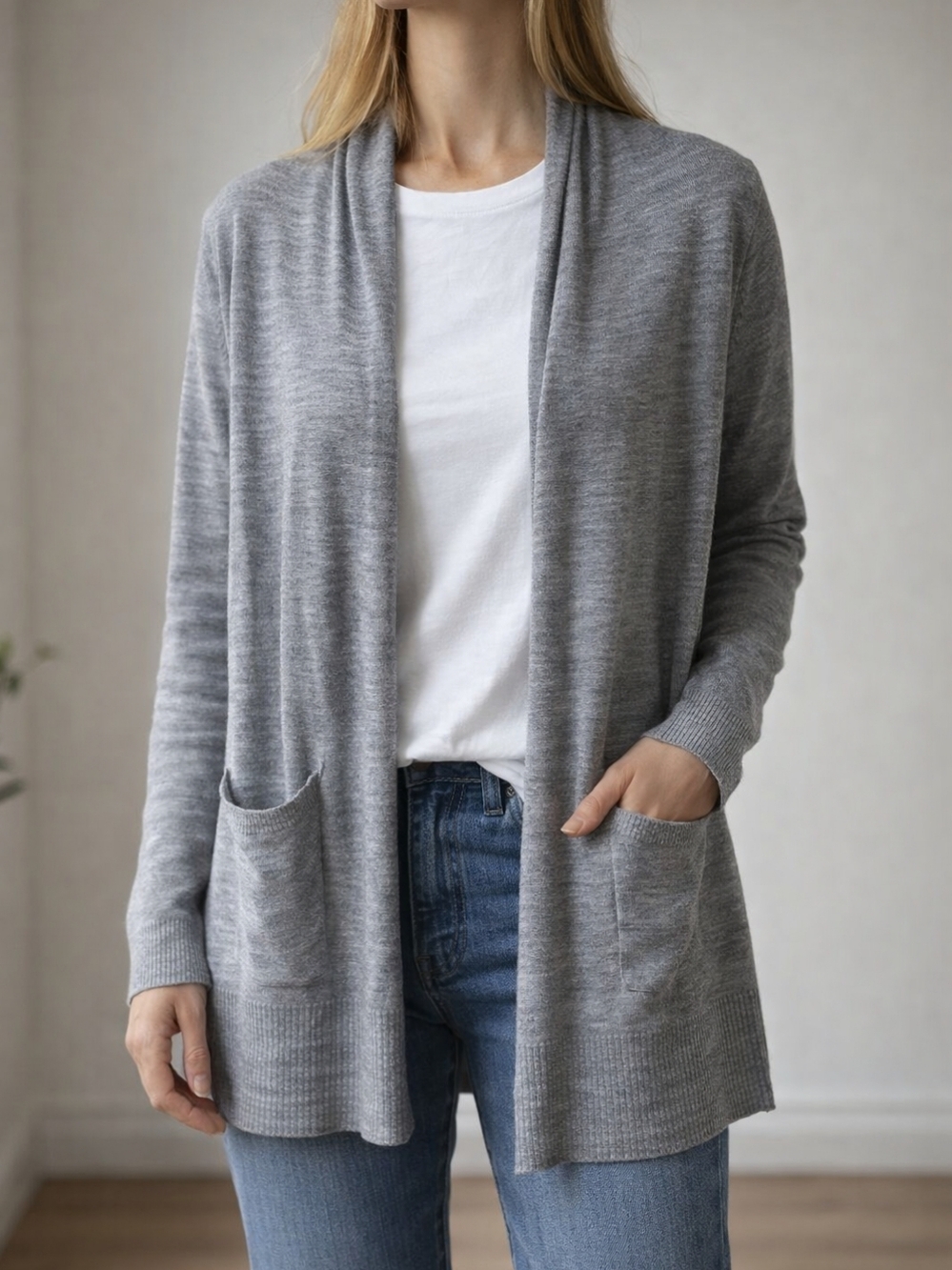 R Label 100% Wool Open Front Cardigan Gray Lightweight Minimalist Women M